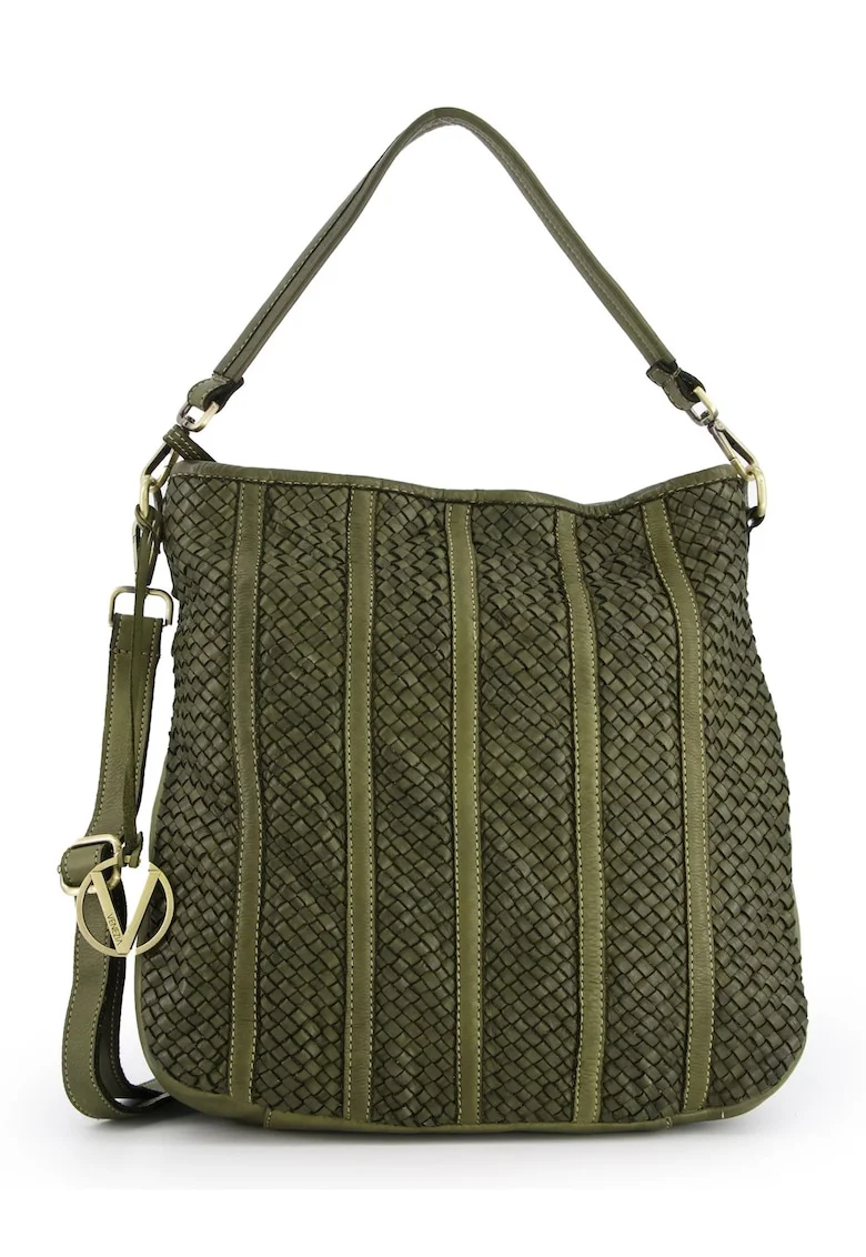 Geanta shopper din piele naturala,  verde, 37x35x12cm, cu 3 buzunare interioare, curea detasabila max. 122cm