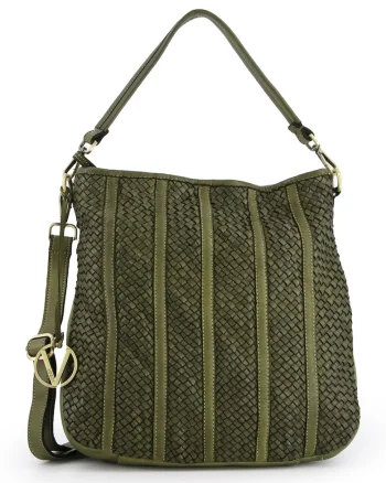 Geanta shopper din piele naturala,  verde, 37x35x12cm, cu 3 buzunare interioare, curea detasabila max. 122cm