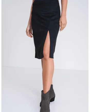 Fusta scurta de piele intoarsa ecologica cu slit frontal, Negru