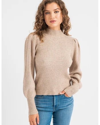 Pulover cu guler inalt, striatii si maneci bufante, Maro taupe