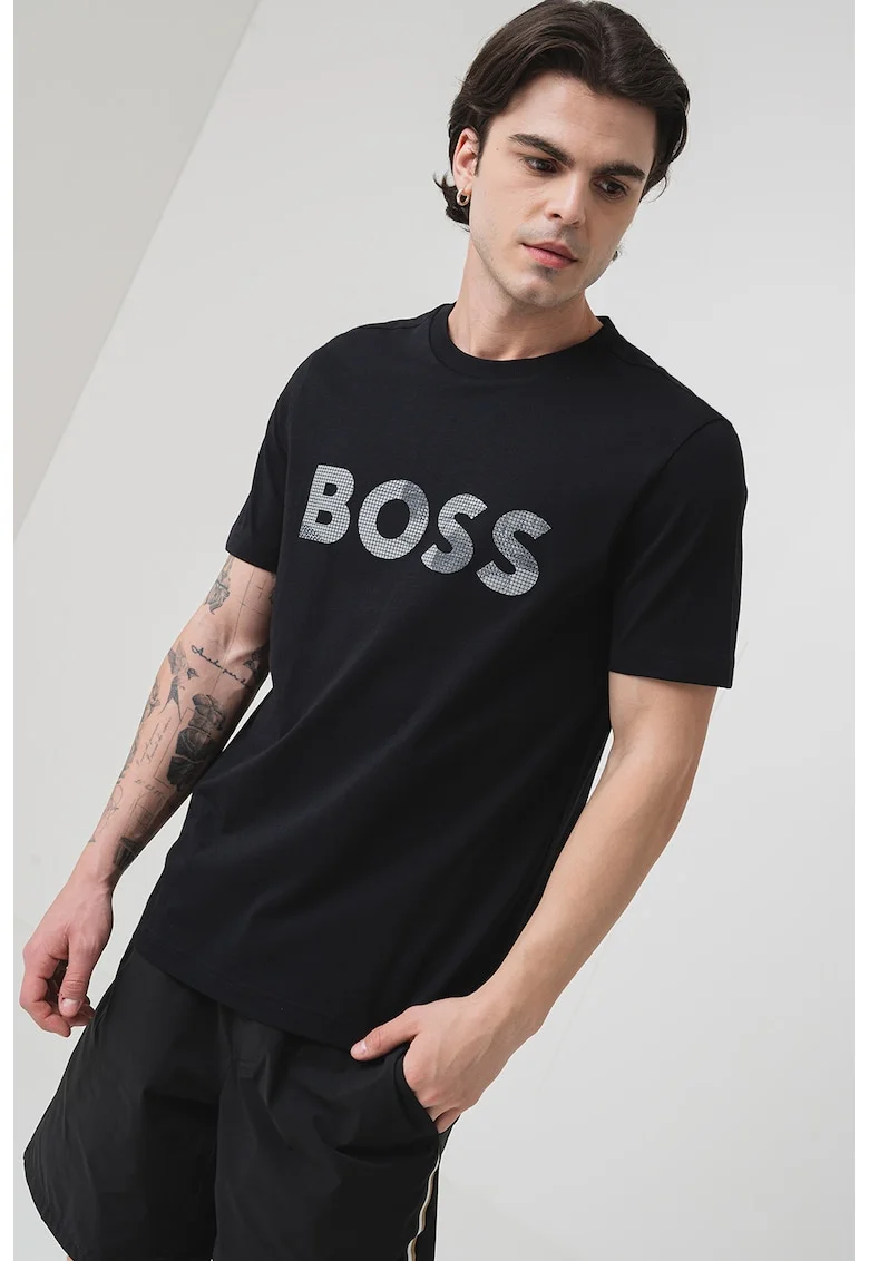 Tricou din bumbac cu imprimeu logo, Negru/Gri
