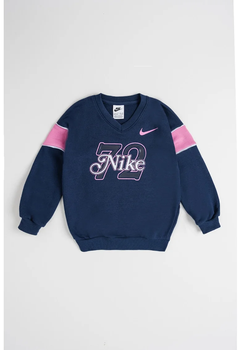 Bluza de trening cu imprimeu logo si decolteu in V, Roz/Bleumarin