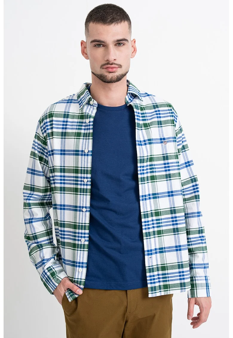 Camasa Oxford din bumbac cu model in carouri, Alb/Verde/Albastru