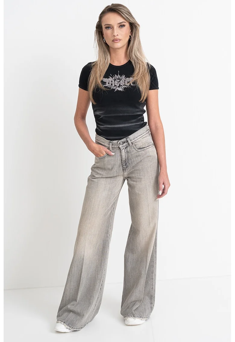 Tricou slim fit cu decolteu la baza gatului, Negru/Argintiu