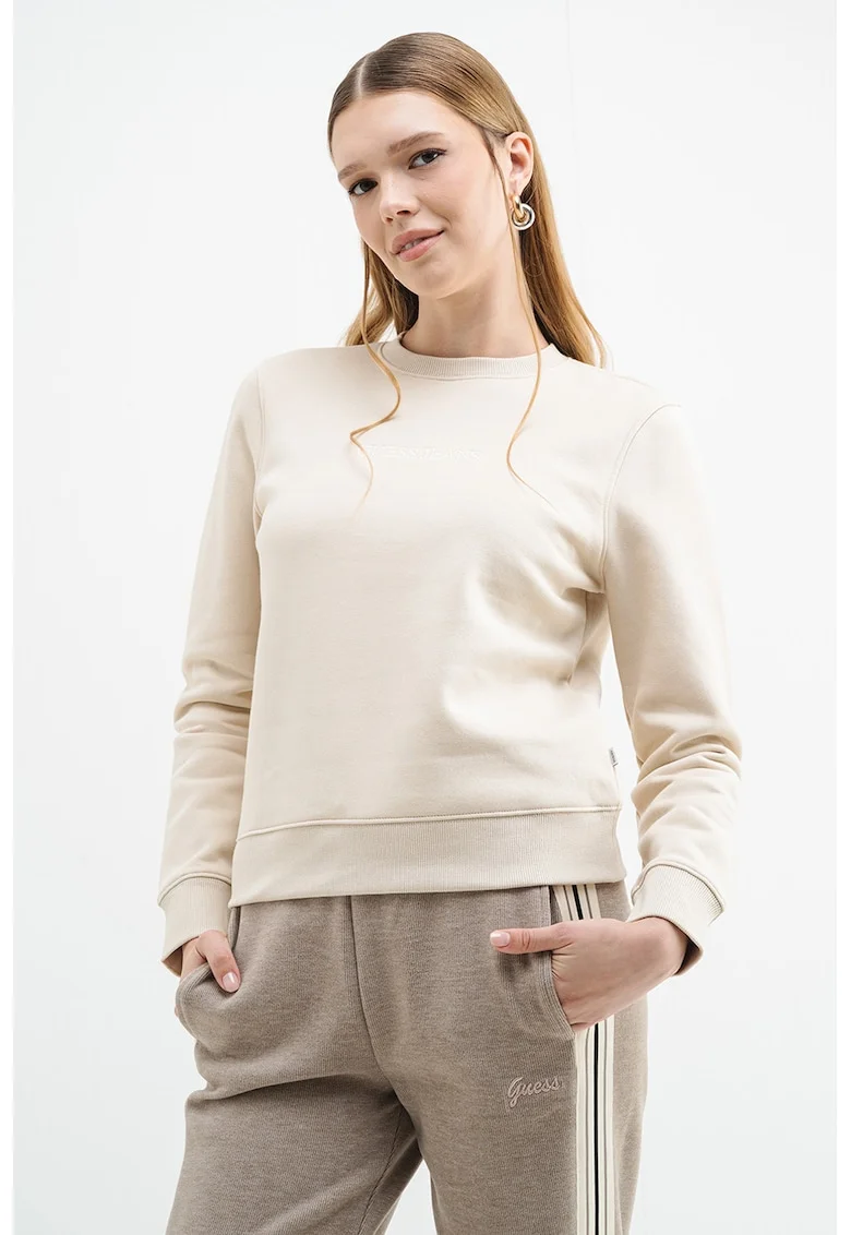Bluza de trening cu decolteu la baza gatului si logo, Crem