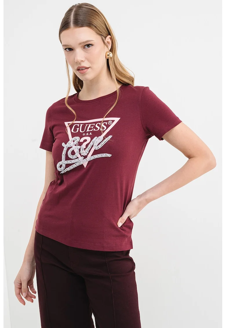 Tricou din bumbac cu imprimeu logo si aplicatie cu margele, Violet pruna