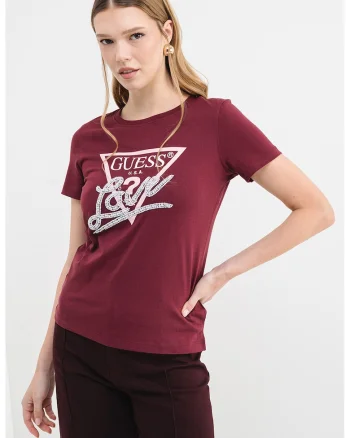 Tricou din bumbac cu imprimeu logo si aplicatie cu margele, Violet pruna