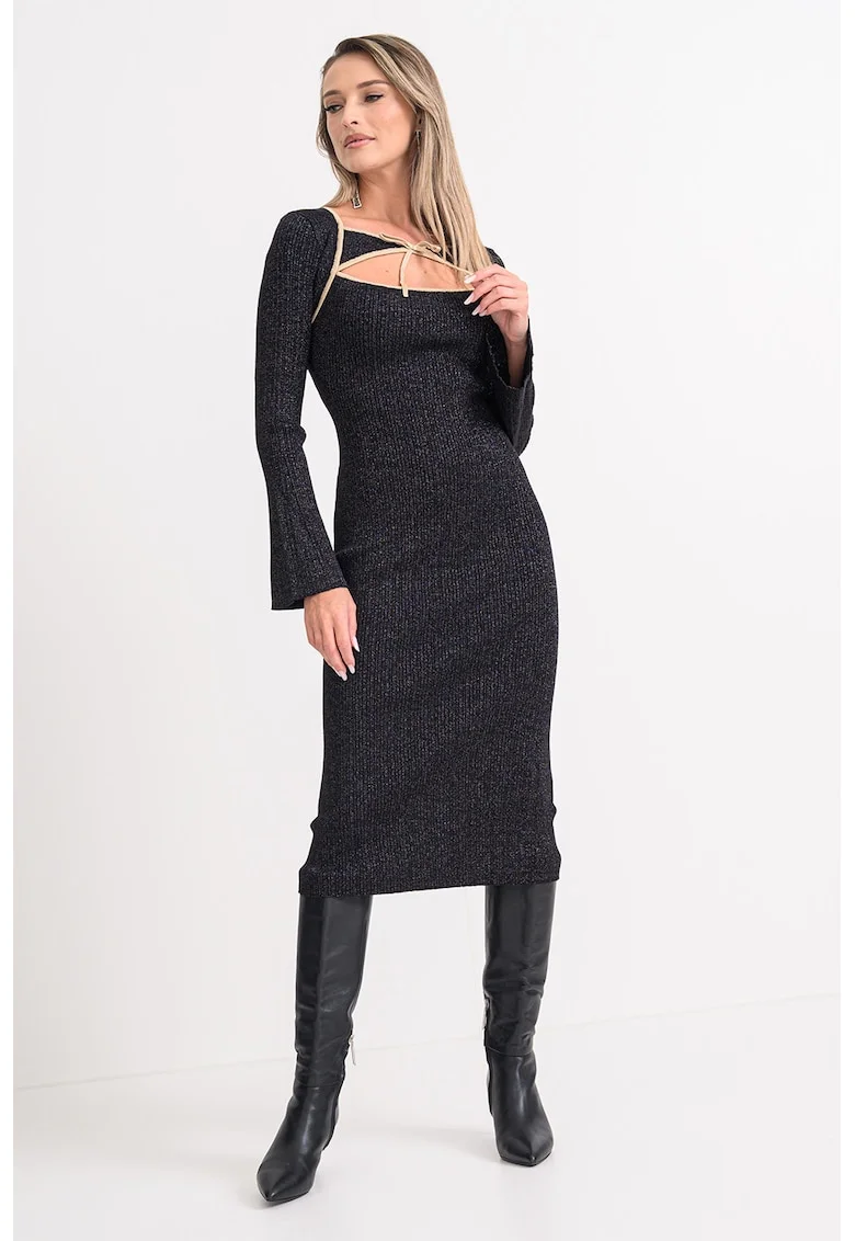 Rochie midi cu aspect stralucitor, Negru/Argintiu