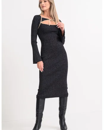 Rochie midi cu aspect stralucitor, Negru/Argintiu