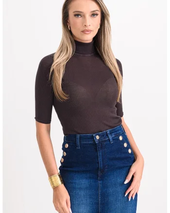 Bluza strata cu guler inalt si maneci scurte, Maro inchis