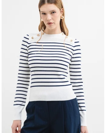 Pulover cu dungi si nasturi decorativi, Alb/Bleumarin