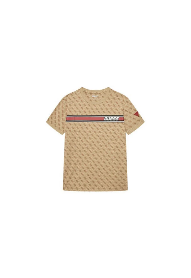Tricou din amestec de bumbac cu banda cu logo pe piept si imprimeu-logo, Bej inchis