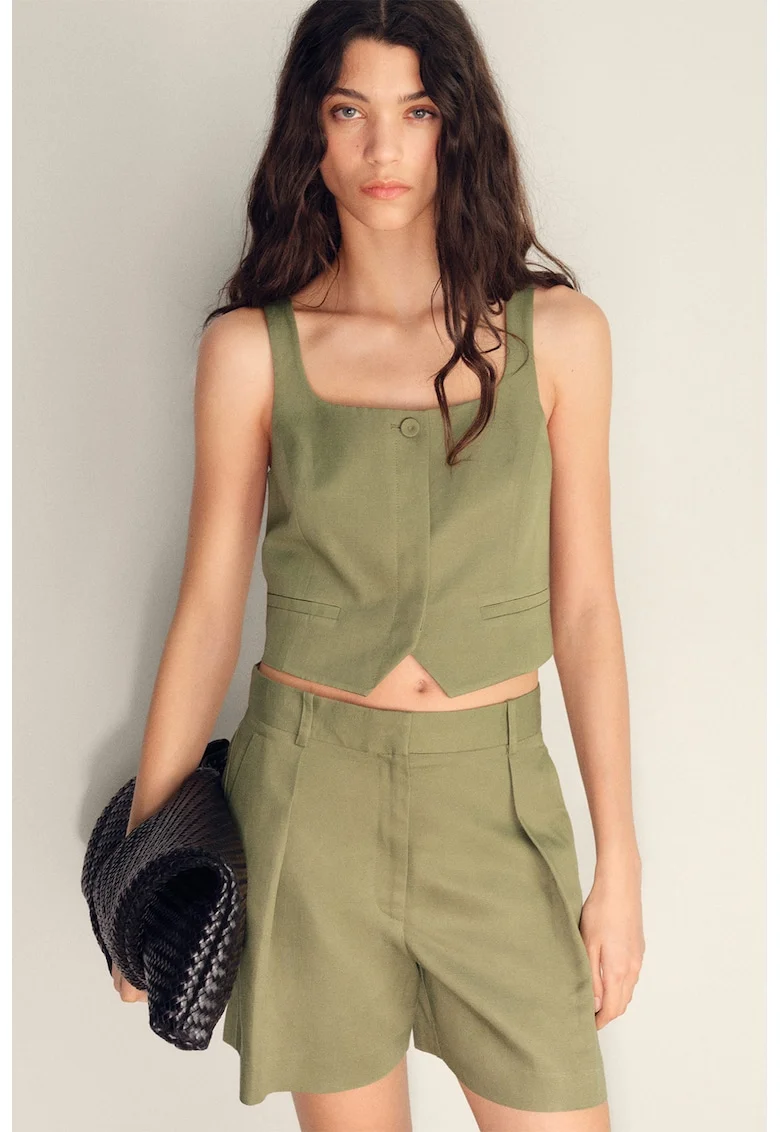 Pantaloni scurti din amestec de in cu pliuri, Verde masliniu