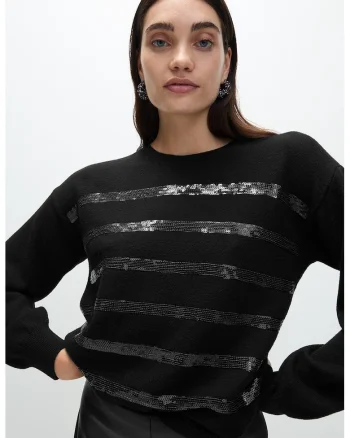 Pulover cu aplicatie de paiete, Negru/Argintiu