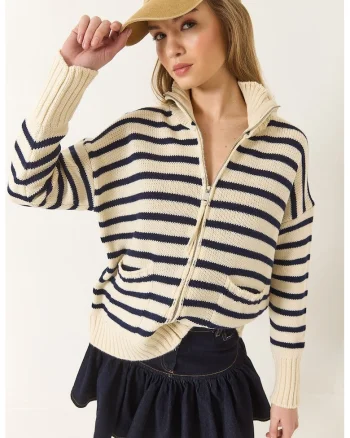 Pulover dama,  cardigan tricotat cu dungi, guler cu fermoar, ecru, tricot,
