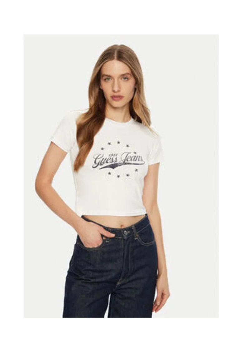 Tricou crop cu print logo., Alb