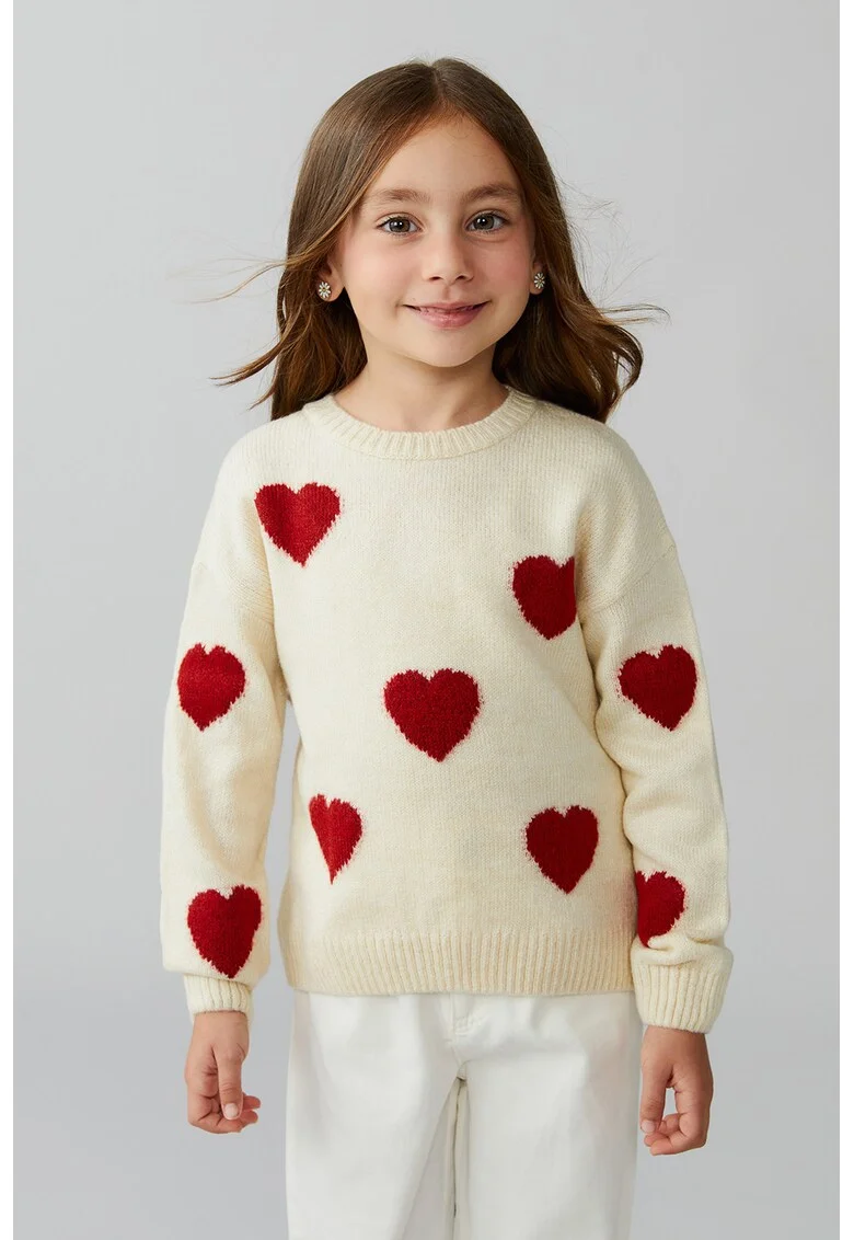 Pulover cu inimi brodate, Rosu/Alb fildes