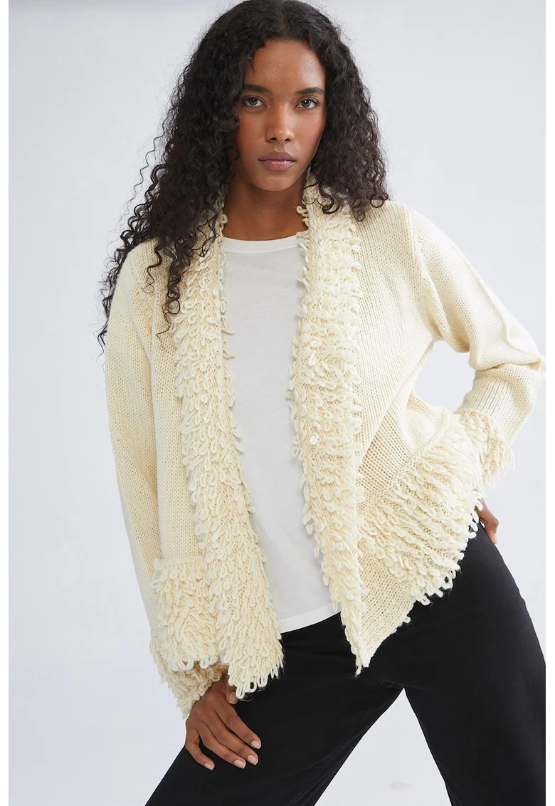 Cardigan uni cu detalii pufoase, fara inchidere, Crem
