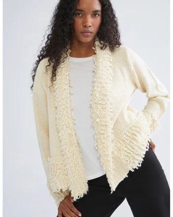 Cardigan uni cu detalii pufoase, fara inchidere, Crem