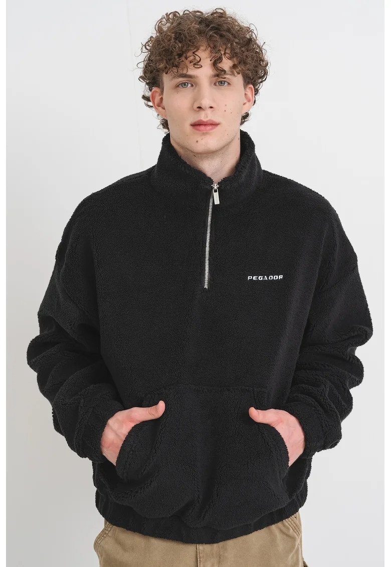Bluza de trening cu buzunar kangaroo si fenta cu fermoar, Negru