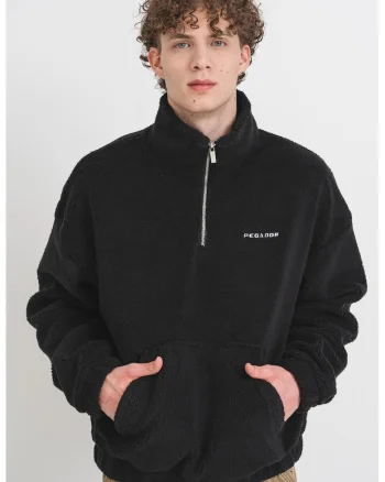 Bluza de trening cu buzunar kangaroo si fenta cu fermoar, Negru