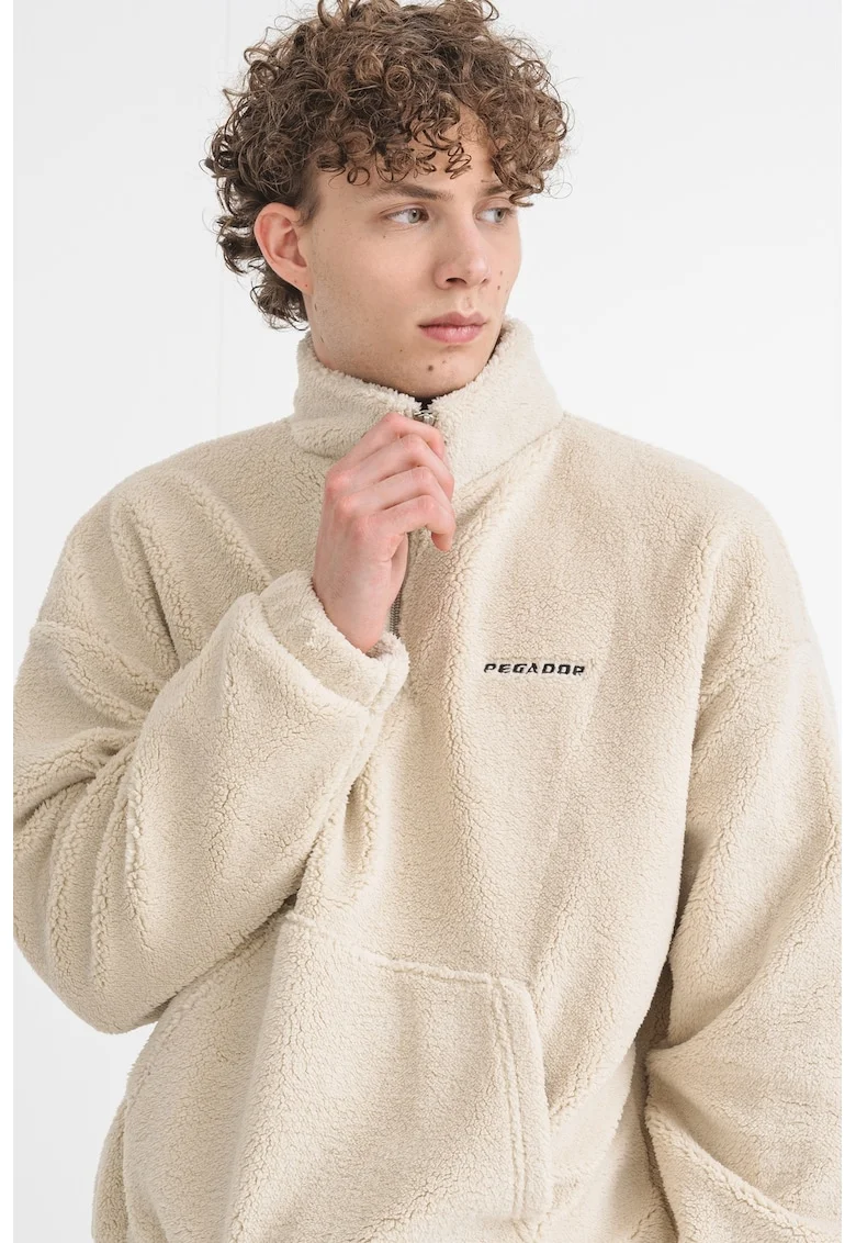 Bluza de trening cu buzunar kangaroo si fenta cu fermoar, Bej deschis