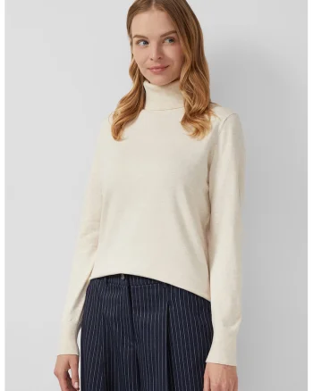 Pulover uni slim fit cu guler inalt, Bej deschis