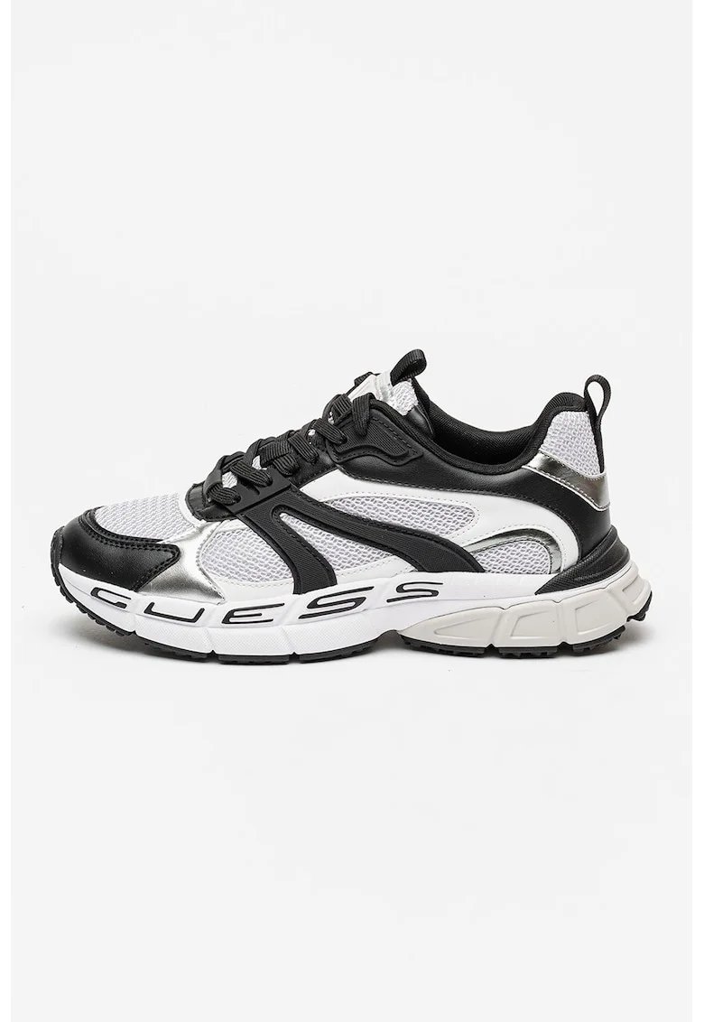 Pantofi sport low-cut cu garnituri de piele ecologica, Alb/Negru/Argintiu