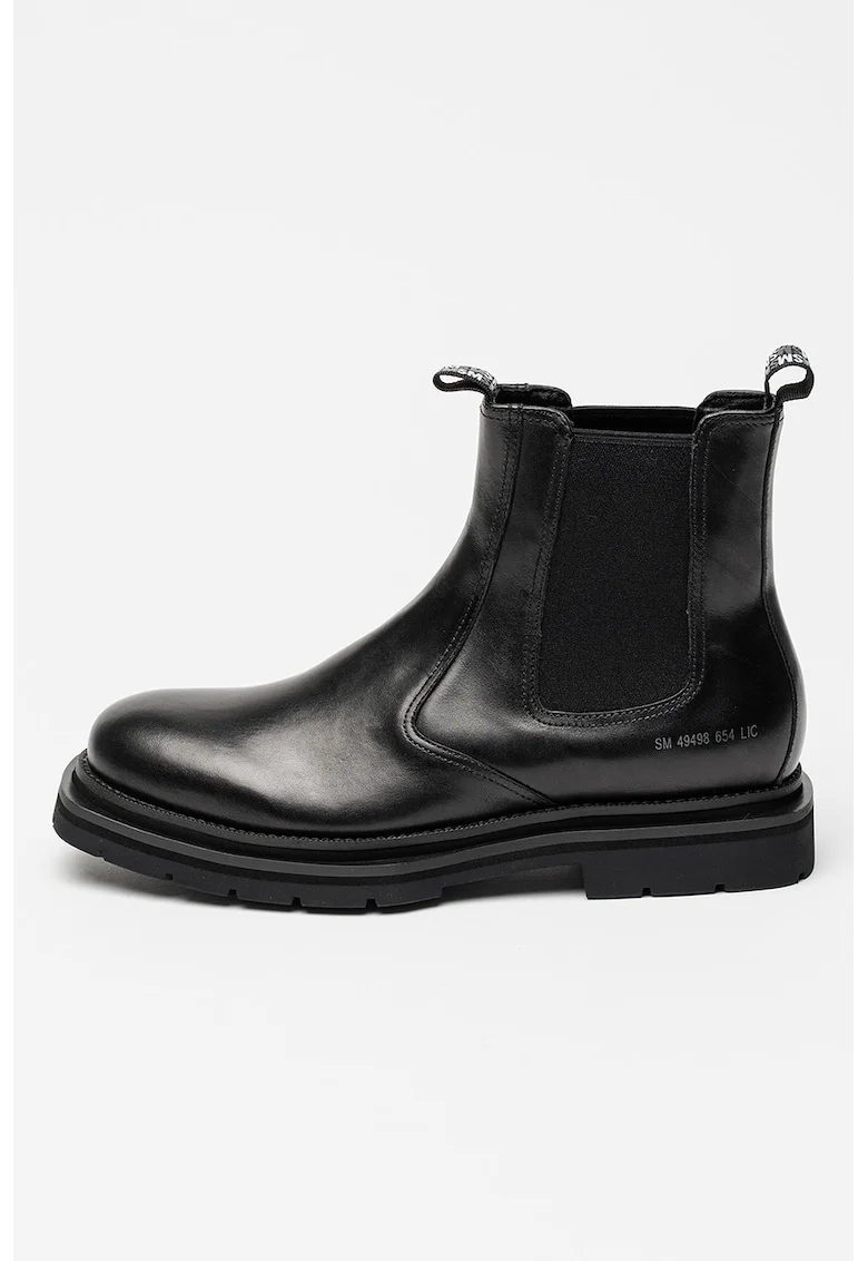 Ghete Chelsea de piele cu varf patrat, Negru