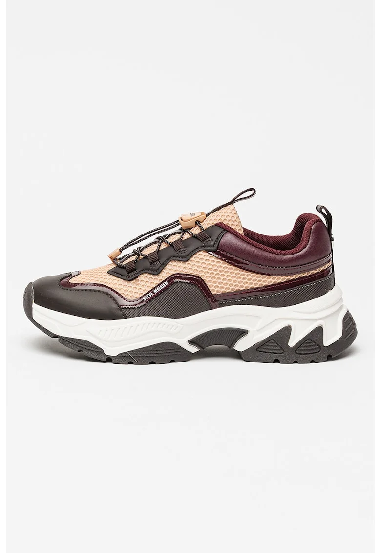 Pantofi sport de plasa cu garnituri de piele ecologica, Maro inchis/Roz somon/Violet pruna