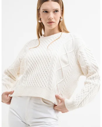 Pulover din amestec de lana cu model torsade, Alb