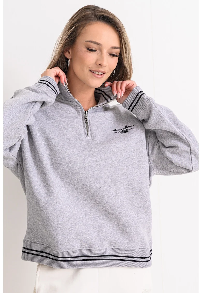 Bluza de trening cu fermoar scurt si guler, Gri melange