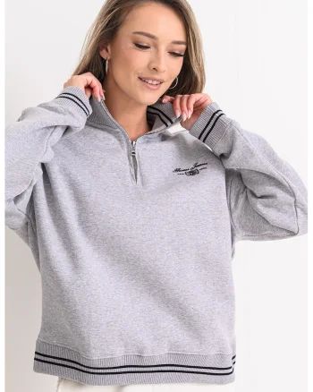 Bluza de trening cu fermoar scurt si guler, Gri melange
