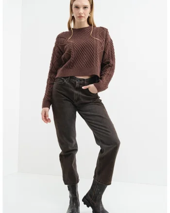 Pulover din amestec de lana cu model torsade, Maro