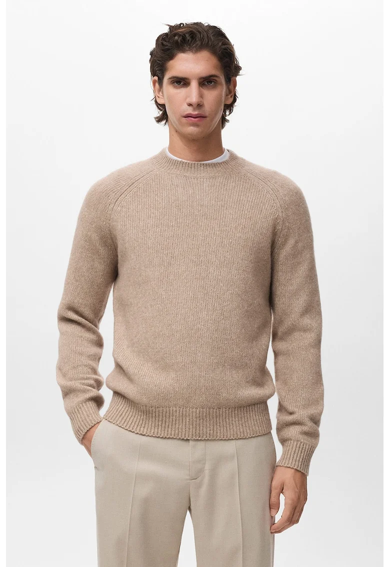 Pulover din amestec de bumbac si lana cu maneci raglan, Bej