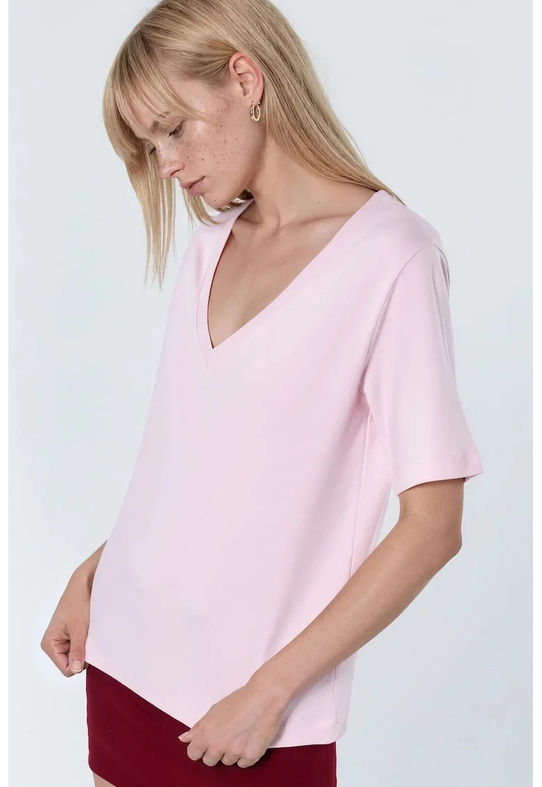 Tricou dama,  tricou cu decolteu in V, croiala regular, roz pudra, bumbac
