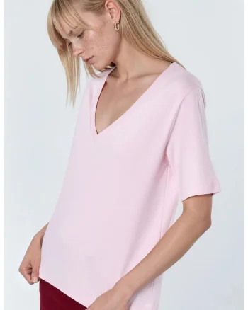 Tricou dama,  tricou cu decolteu in V, croiala regular, roz pudra, bumbac