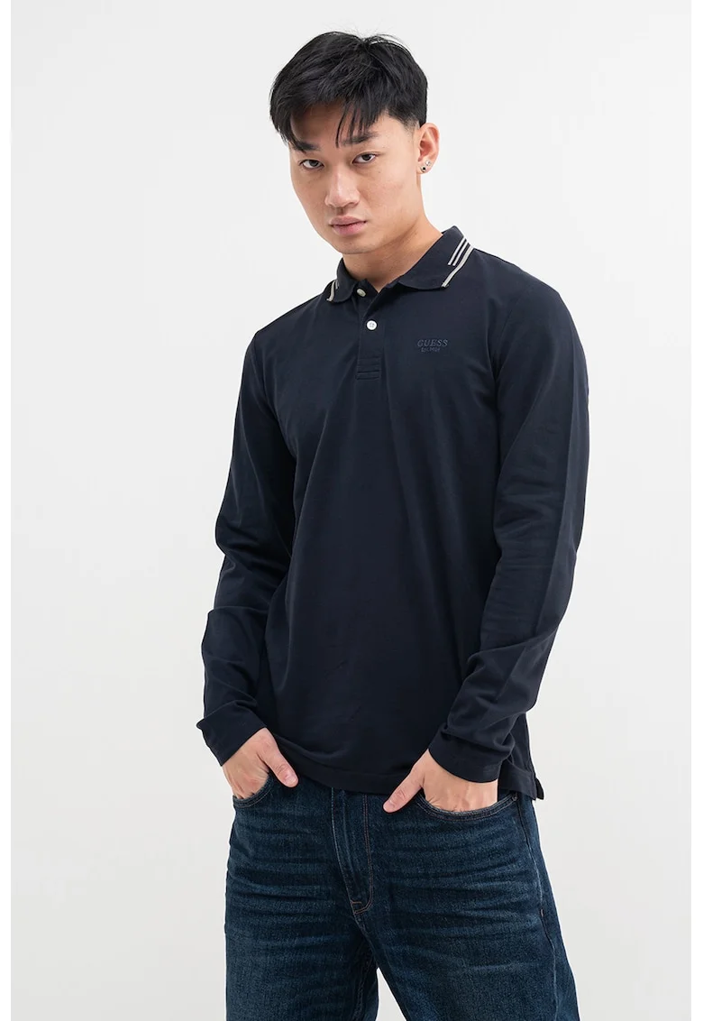 Bluza polo slim fit din amestec de bumbac, Albastru inchis/Grej