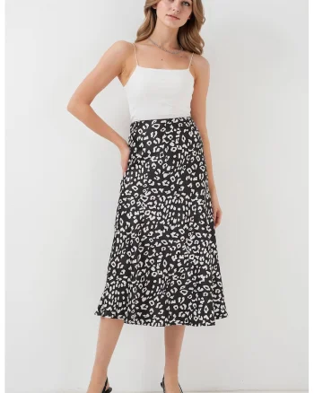 Fusta midi HiCCUP, A-Form, elastic, satin, alb/negru, Gri carbune