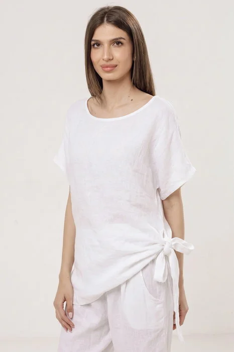 Bluza lunga din in cu colt si funda, alba