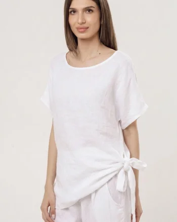 Bluza lunga din in cu colt si funda, alba
