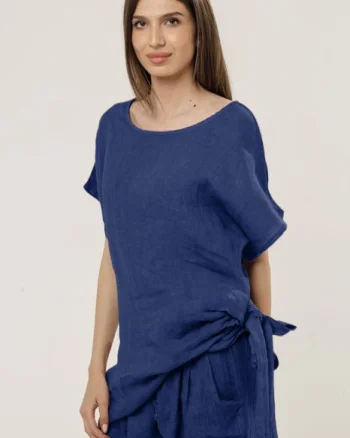 Bluza lunga din in cu colt si funda, albastru