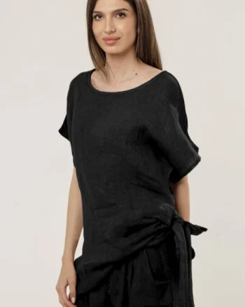 Bluza lunga din in cu colt si funda, neagra