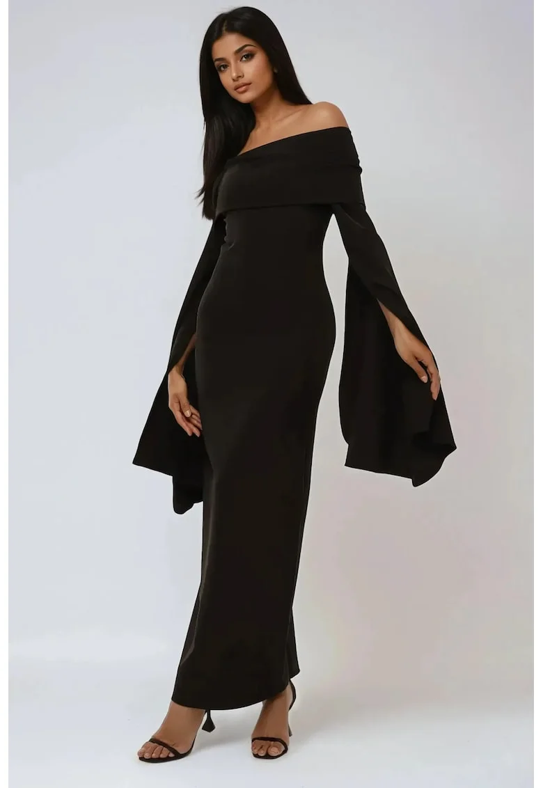 Rochie maxi,  cu umeri goi, neagra, poliester, Negru