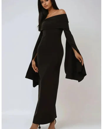 Rochie maxi,  cu umeri goi, neagra, poliester, Negru