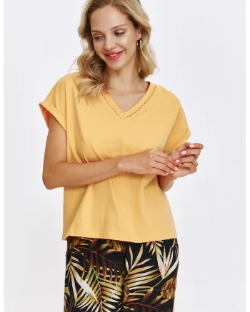 Tricou uni cu decolteu in V, Galben sofran