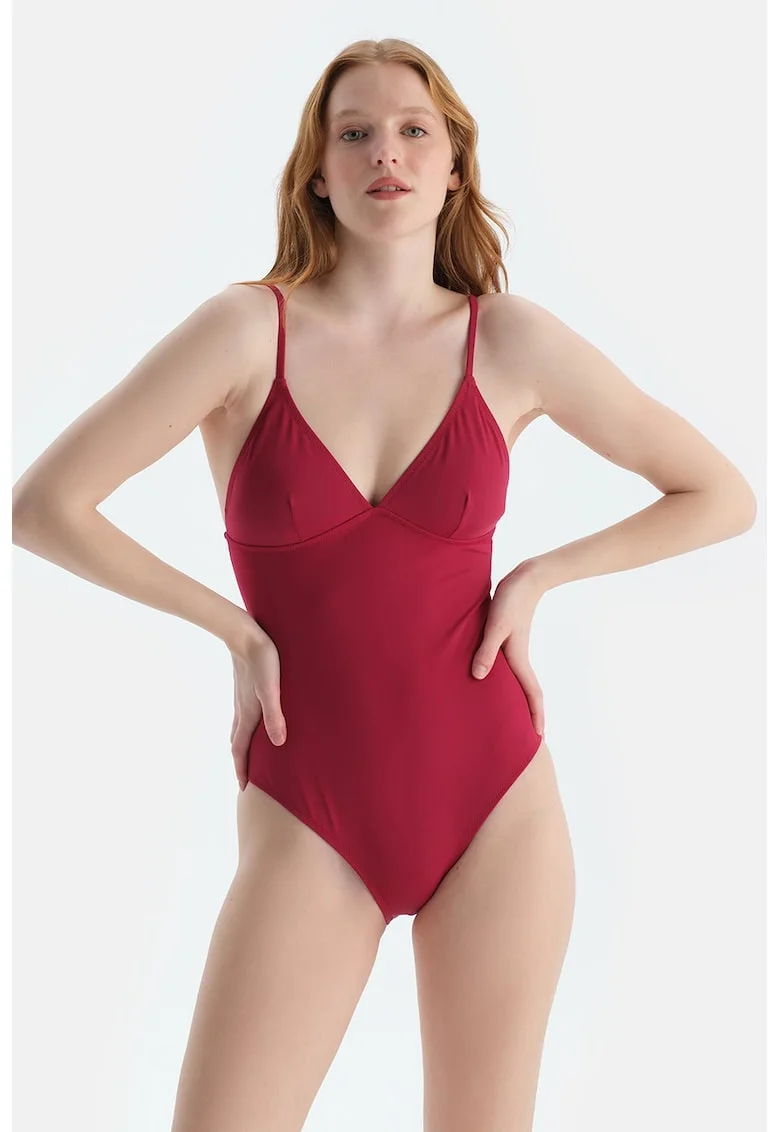 Costum de baie intreg cu decolteu in V, Rosu inchis