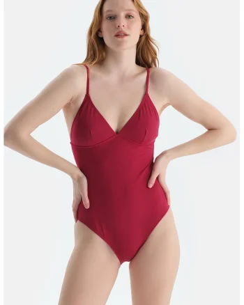 Costum de baie intreg cu decolteu in V, Rosu inchis