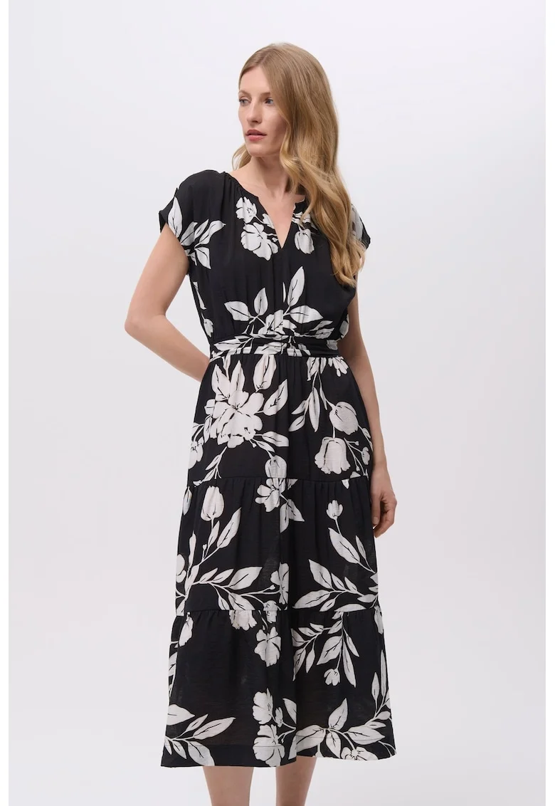 Rochie cu decolteu in V si imprimeu floral, Alb/Negru