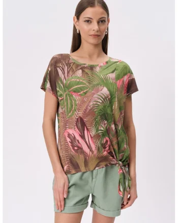 Tricou cu model si detaliu innodat, Verde/Roz